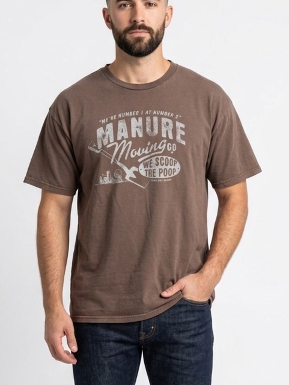 FARMBOY Men’s Brown Short Sleeve Graphic T-shirt Manure Moving Scoop Poop Sz 2XL